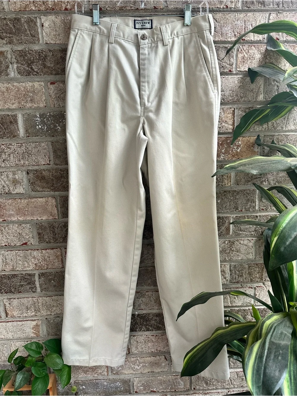 Vtg Men Cotton Ivy Crew beige tan front Pleated Dress Pants slacks Michael Pant